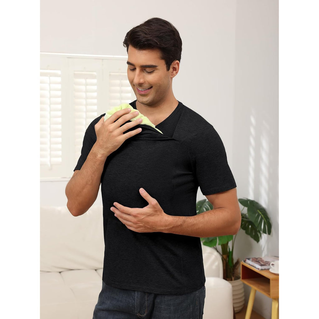 Mens Baby Carrier Shirt Dad Shirt For Men Short Sleeve Baby Wearing T-Shirt V Neck Pocket Tee Shirts