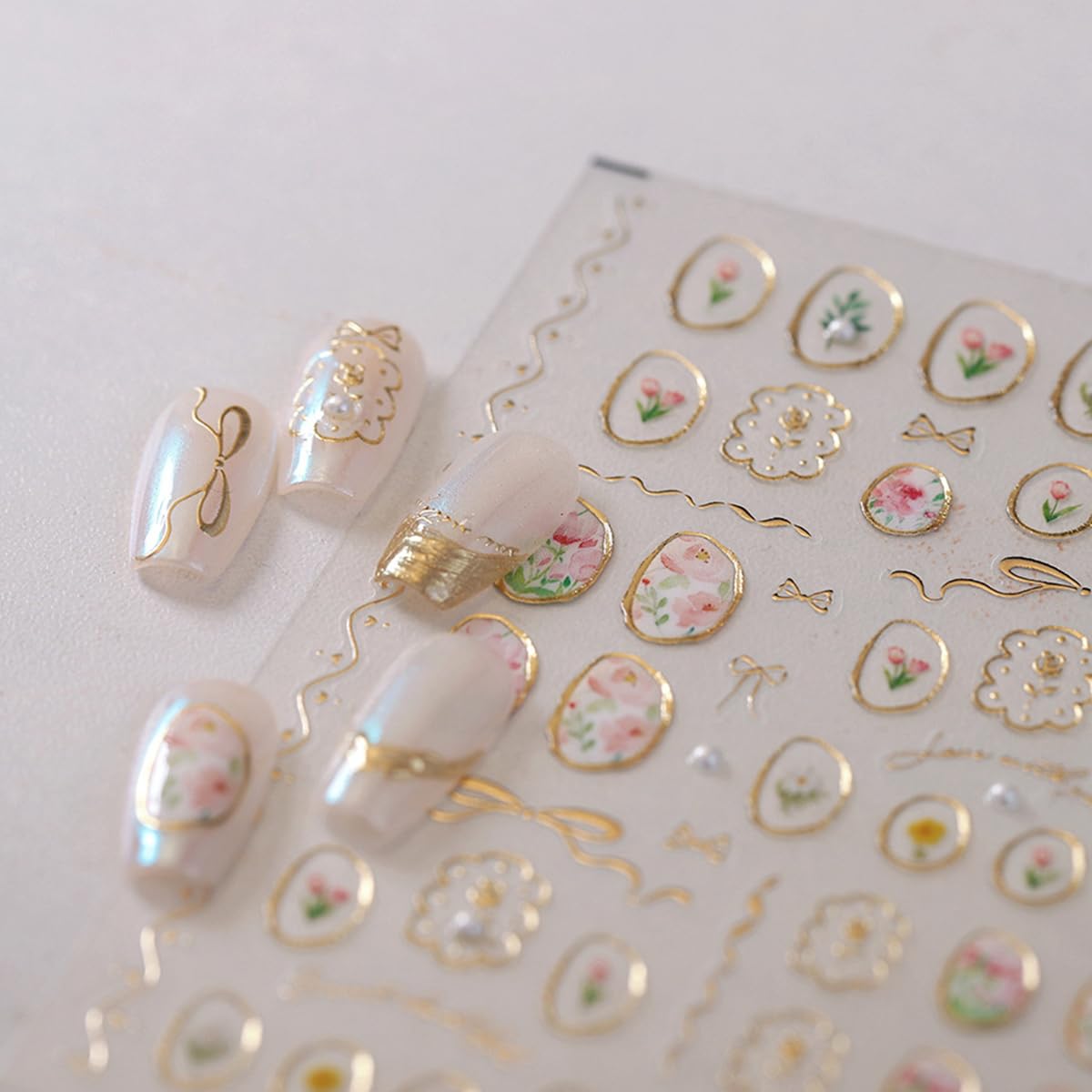 5D Embossed Flower Nail Art Stickers Cute Tulip Irregular Frame Gold Bow Hollow Designs Self Adhesive Nail Decals Bronzing Nail Sticker with Pearl Charms for Women DIY Nails Art Accessories