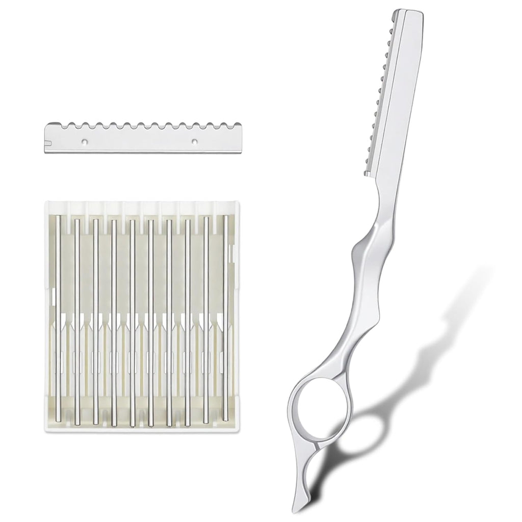 Hair Razors For Cutting Hair, 6.9" Stainless Steel Hair Thinning Razor Kit With 10Pcs Replacement Blades, Professional Styling Texturizing Cutting Razor Tool For Salon And Home