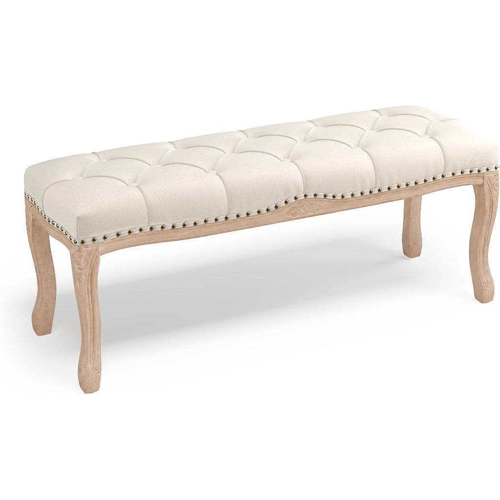 Bedroom Bench, French Vintage Tufted Entryway Bench, 45.2" Carving Upholstered End Of Bed Bench With Distressed Wood Legs, Linen Ottoman Seat For Living Room, Foyer, Dining Room, Beige