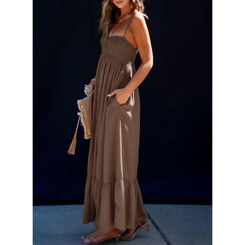 Dokotoo Womens Summer Dresses 2026 Sleeveless Spaghetti Strap Button Down Smocked Beach Vacation Long Maxi Dress With Pockets