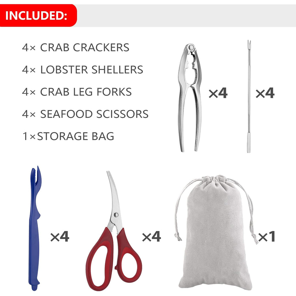 Seafood Tools Set includes 4 Crab Crackers 4 Seafood Fork 4 Lobster Crackers 4 Seafood Scissors -Nut Cracker and Storage Bag（17 Piece ）