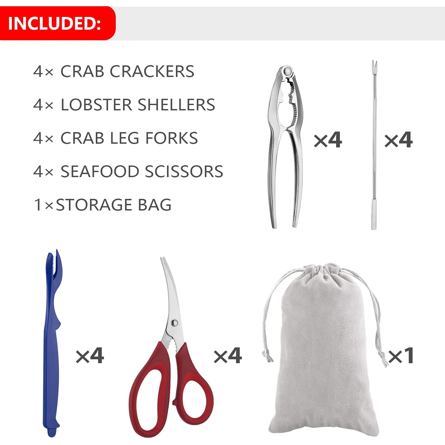 Seafood Tools Set includes 4 Crab Crackers 4 Seafood Fork 4 Lobster Crackers 4 Seafood Scissors -Nut Cracker and Storage Bag（17 Piece ）