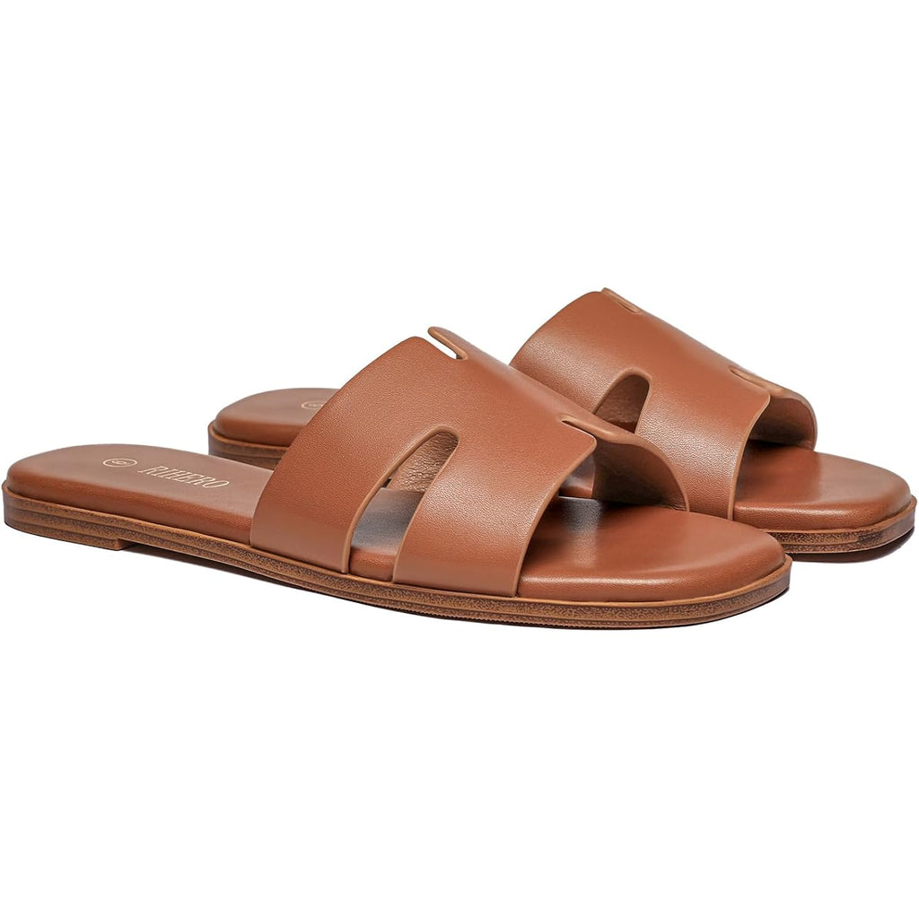 Rihero Women'S Dressy Flat Sandals Comfortable Slip On Leather Slide Sandals