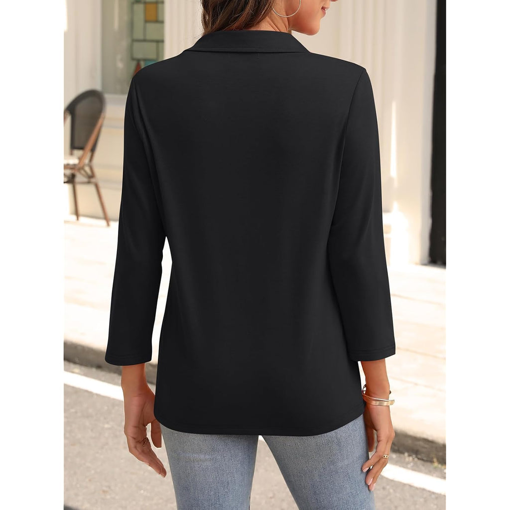 Ticticmiss Womens V Neck Polo Shirts 3/4 Sleeve Collared Tops Business Casual Summer Tops Trendy Loose