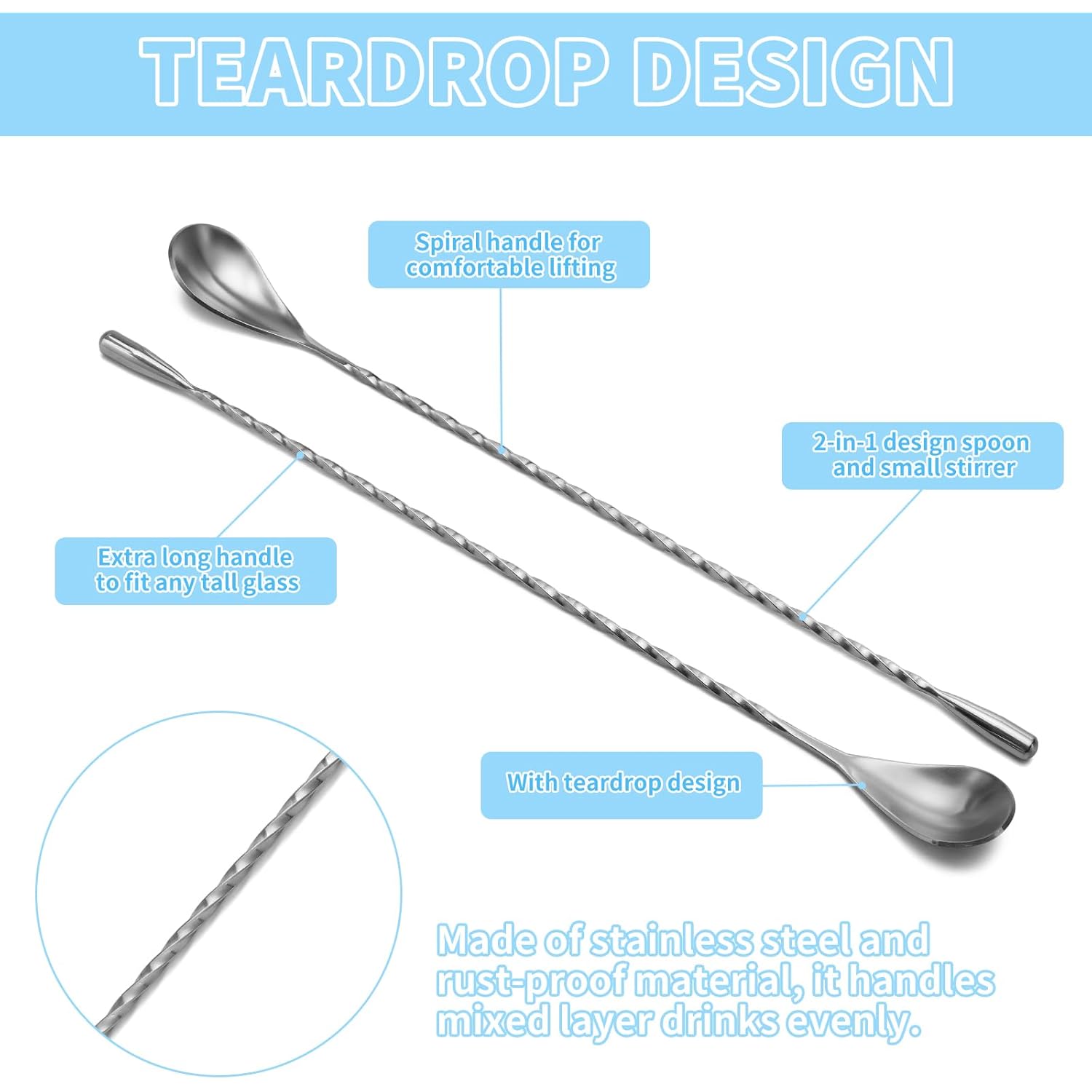 2 Pcs 12 Inch Bar Mixing Spoon Cocktail Spoon Stainless Steel Bar Long Spoon With Spiral Pattern
