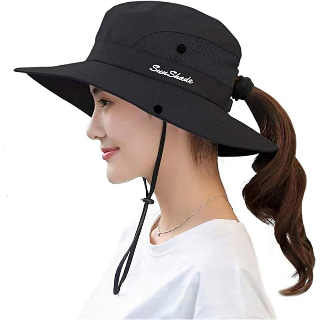 Women's Sun-Hat UV-Protection-Foldable Mesh Wide-Brim Outdoor Summer Beach Fishing Hat with Ponytail-Hole