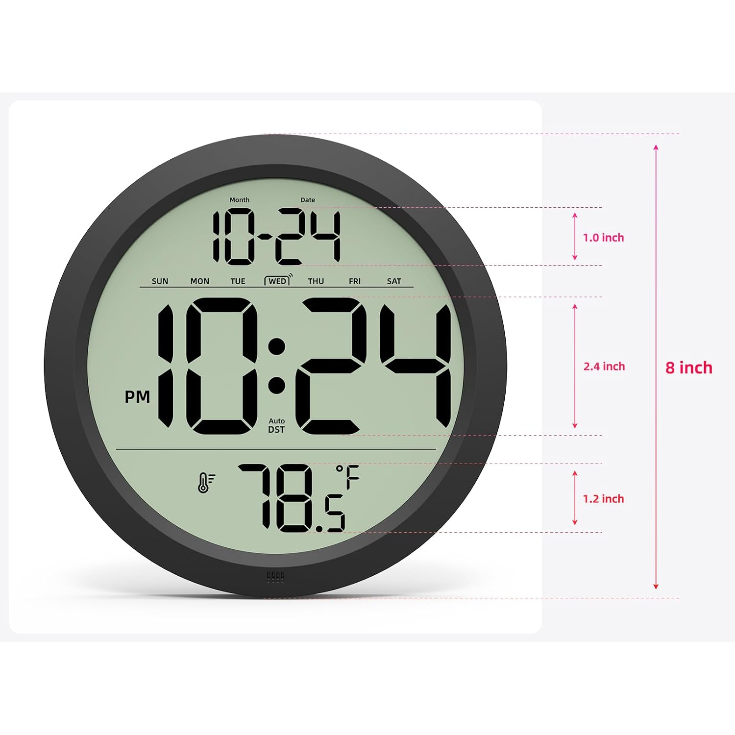 Digital Wall Clock Battery-Operated, 8 Inch Small Decorative Modern Wall Clock With Date, Temperature, Auto-Dst, Silent Electric Wall Clock For Bedroom, Living Room, Kitchen, Office, Farmhouse -Black