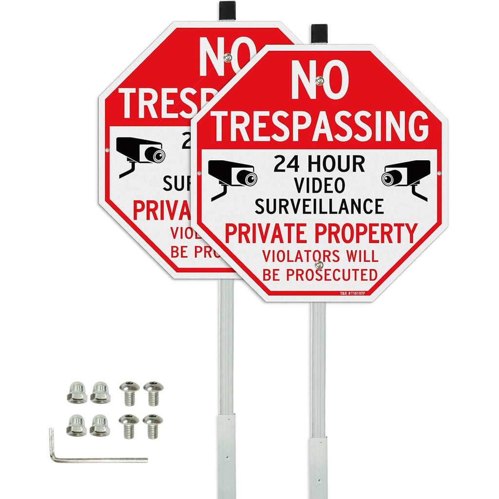 T&R Large No Trespassing Private Property Sign Video Surveillance Sign With 36" Stake For Outside - 2 Pack - 12"X12" .040 Rust Free Heavy Aluminum, Reflective, Waterproof, Weatherproof And Fade