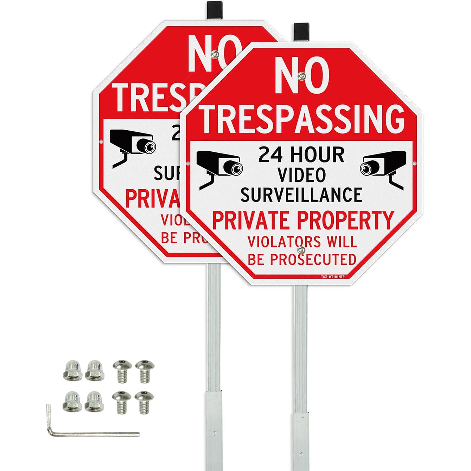 T&R Large No Trespassing Private Property Sign Video Surveillance Sign With 36" Stake For Outside - 2 Pack - 12"X12" .040 Rust Free Heavy Aluminum, Reflective, Waterproof, Weatherproof And Fade
