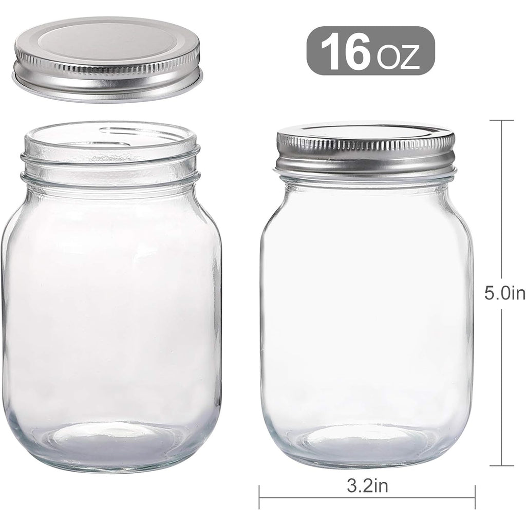 YINGERHUAN Glass Regular Mouth Mason Jars, 16 oz Clear Glass Jars with Silver Metal Lids for Sealing, Canning Jars for Food Storage, Overnight Oats, Dry Food, Snacks, Candies, DIY Projects (4PACK)