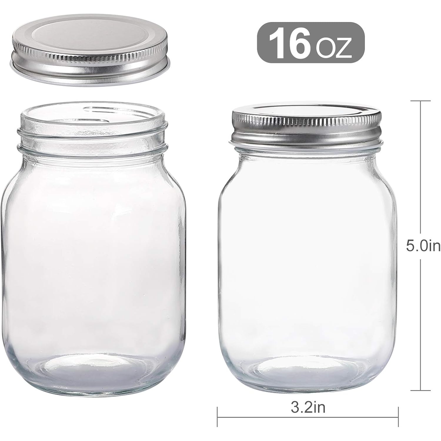 YINGERHUAN Glass Regular Mouth Mason Jars, 16 oz Clear Glass Jars with Silver Metal Lids for Sealing, Canning Jars for Food Storage, Overnight Oats, Dry Food, Snacks, Candies, DIY Projects (4PACK)
