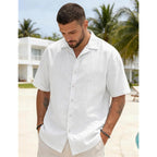 Mens Cotton Linen Shirt Casual Lightweight Button Down Shirt Short Sleeve Summer Beach Vacation Tops