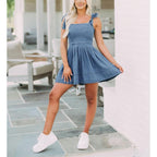 Women'S Summer Tie Shoulder Sleeveless Denim Mini Dress Casual Flowy Swing Pleated Short Denim Dress