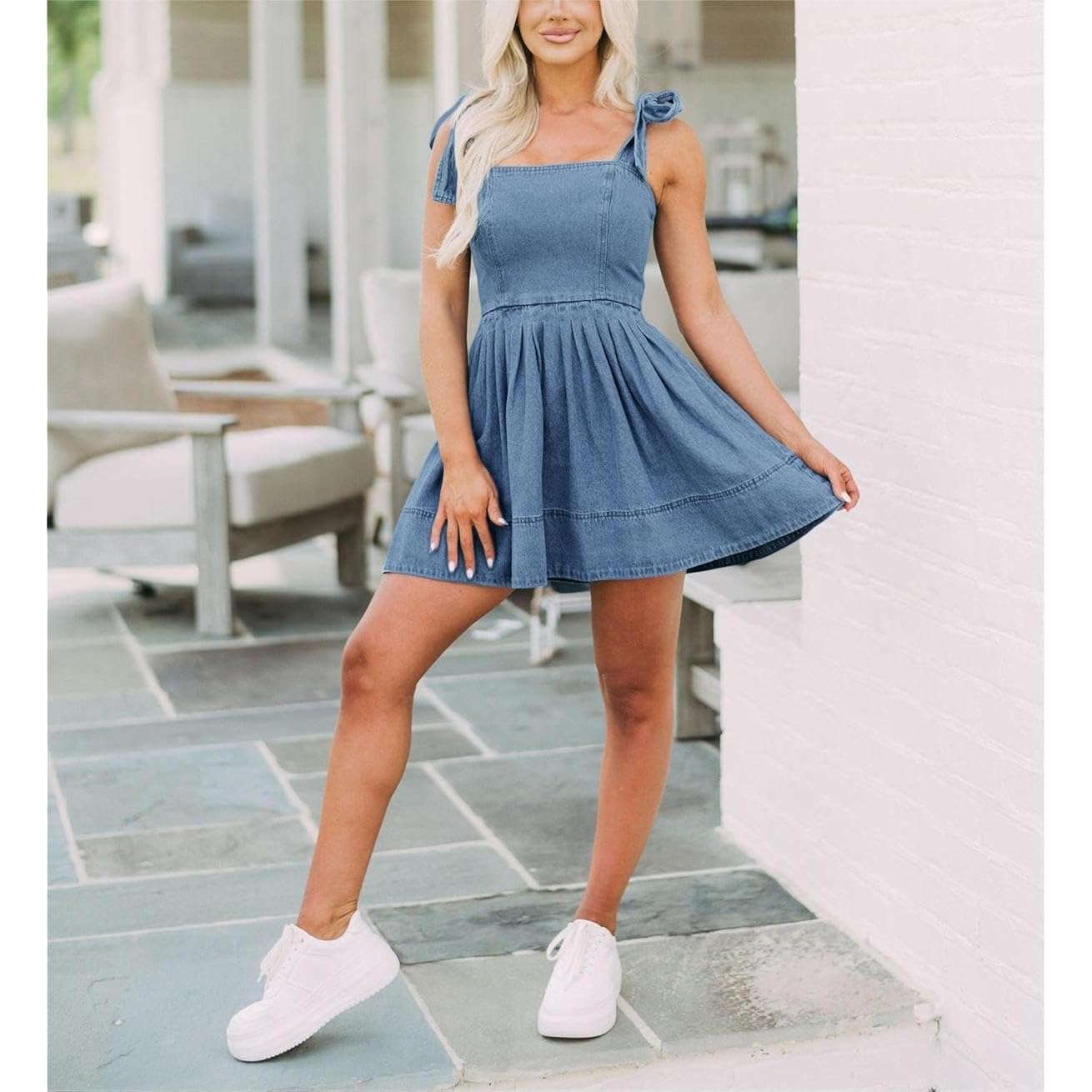 Women'S Summer Tie Shoulder Sleeveless Denim Mini Dress Casual Flowy Swing Pleated Short Denim Dress