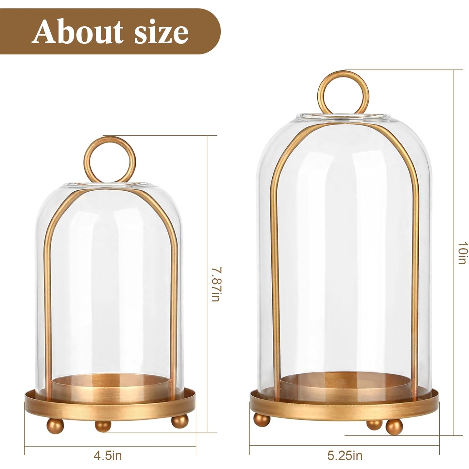 Vintage Brass Metal Candle Lantern with Thick Glass Dome – Set of 2 Shabby Chic Style Candle Holders (5.25"x10" & 4.5"x7.87") – Hanging or Tabletop Decor for Pillar Candles, Plants