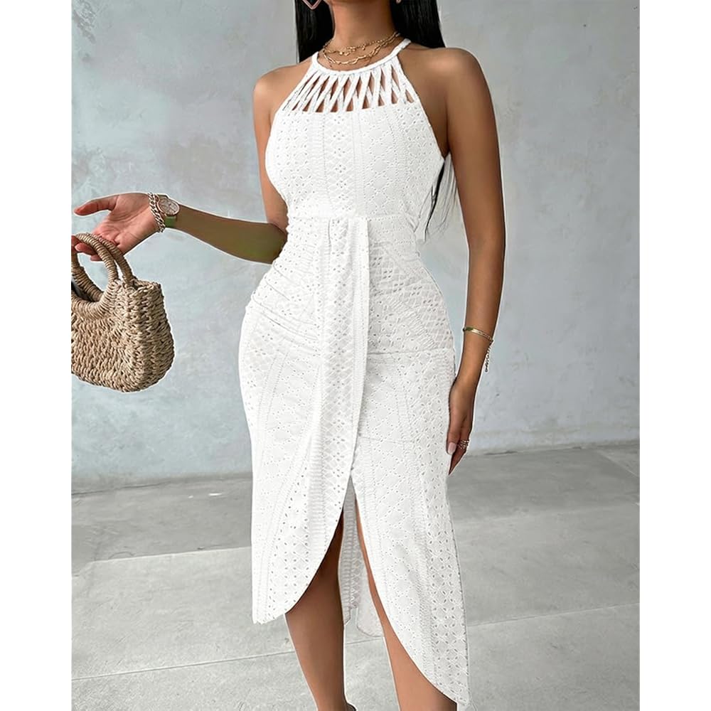 Chicme Womens Summer Halter Ruched Bodycon Long Dresses Hollow Out A Line Eyelet Embroidery & Side Slit Vacation Tank Dress