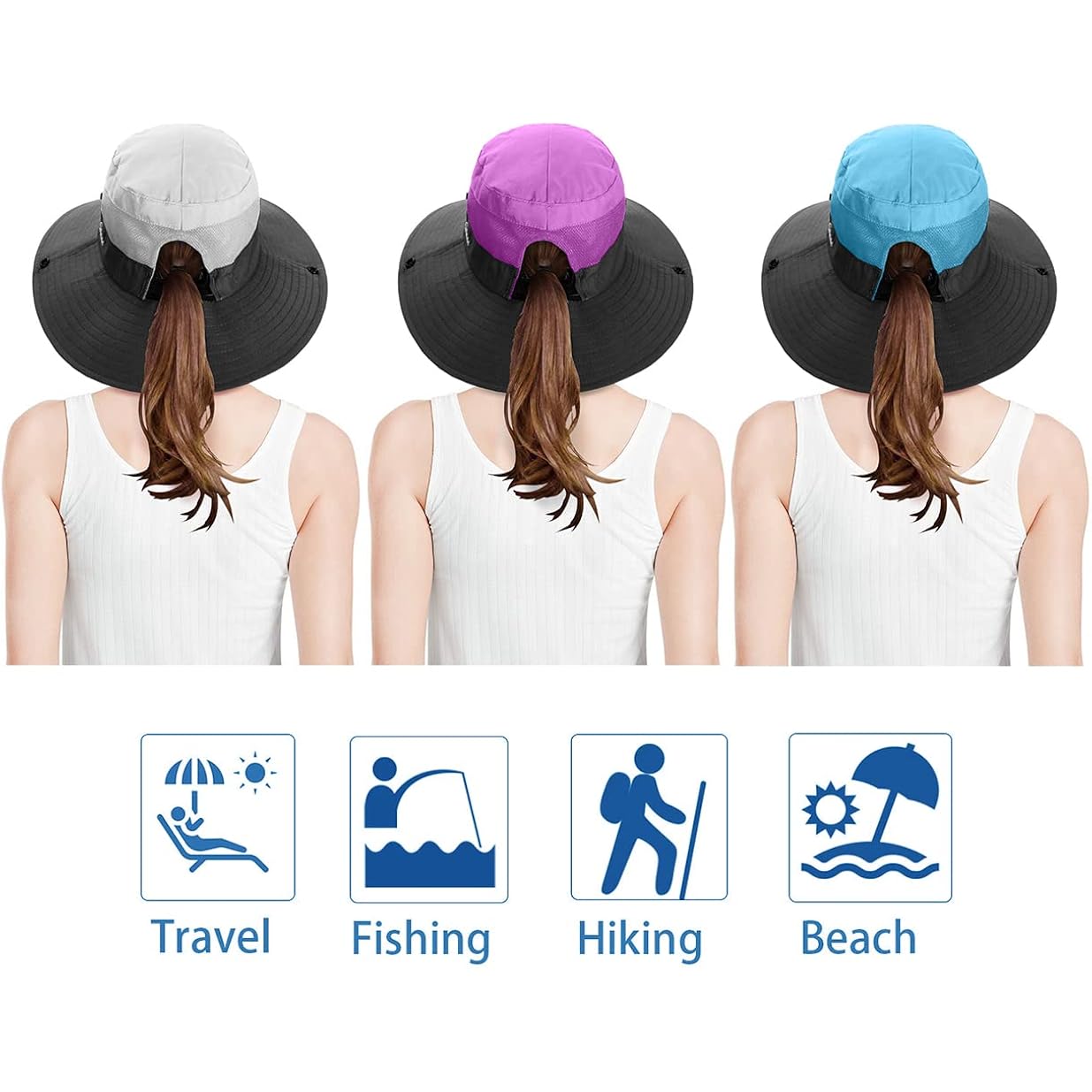 3 Pieces Womens Ponytail Wide Brim Sun Hat Packable Uv Protection Beach Cap For Fishing & Hiking