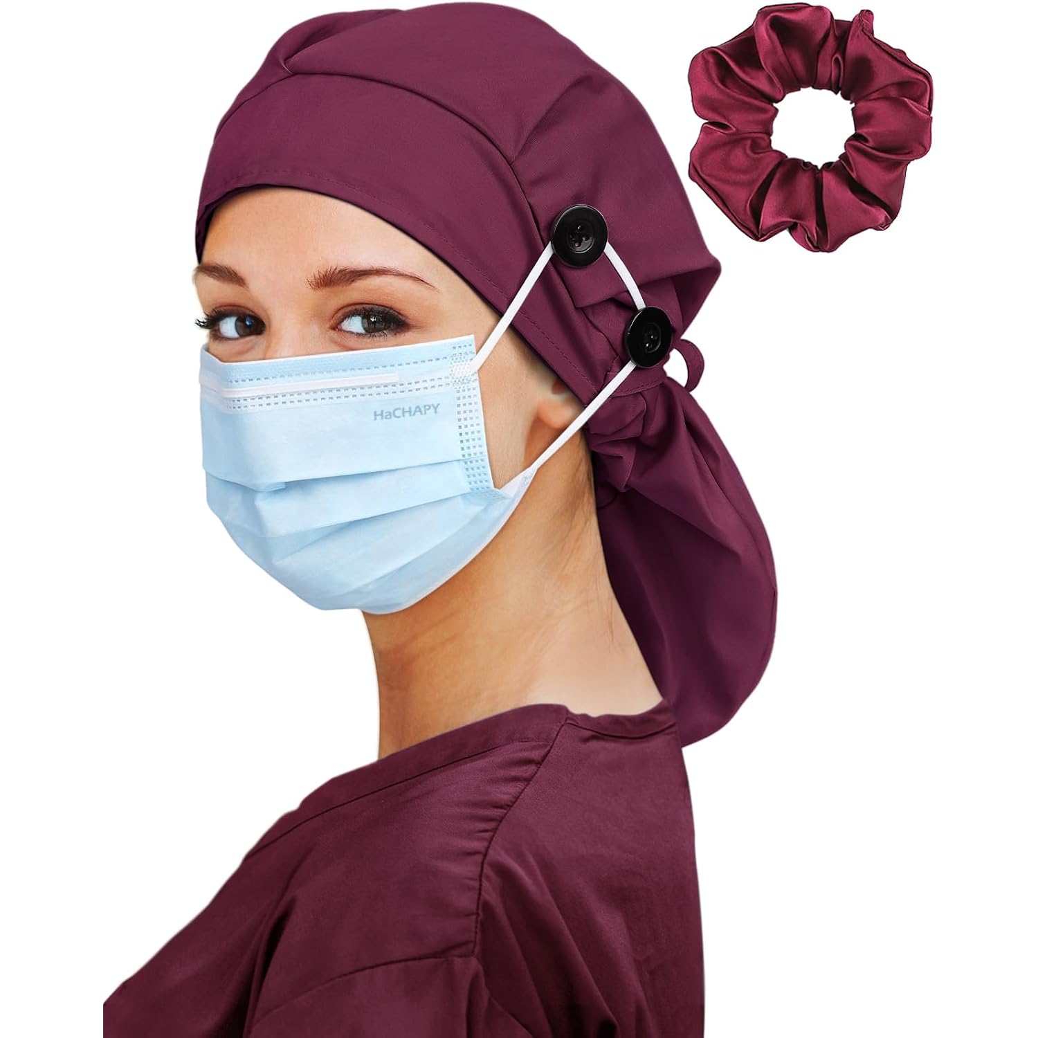 Large Satin Lined Scrub Cap For Women Long Hair Nurse Head Cap Surgical Bonnet 4 Buttons