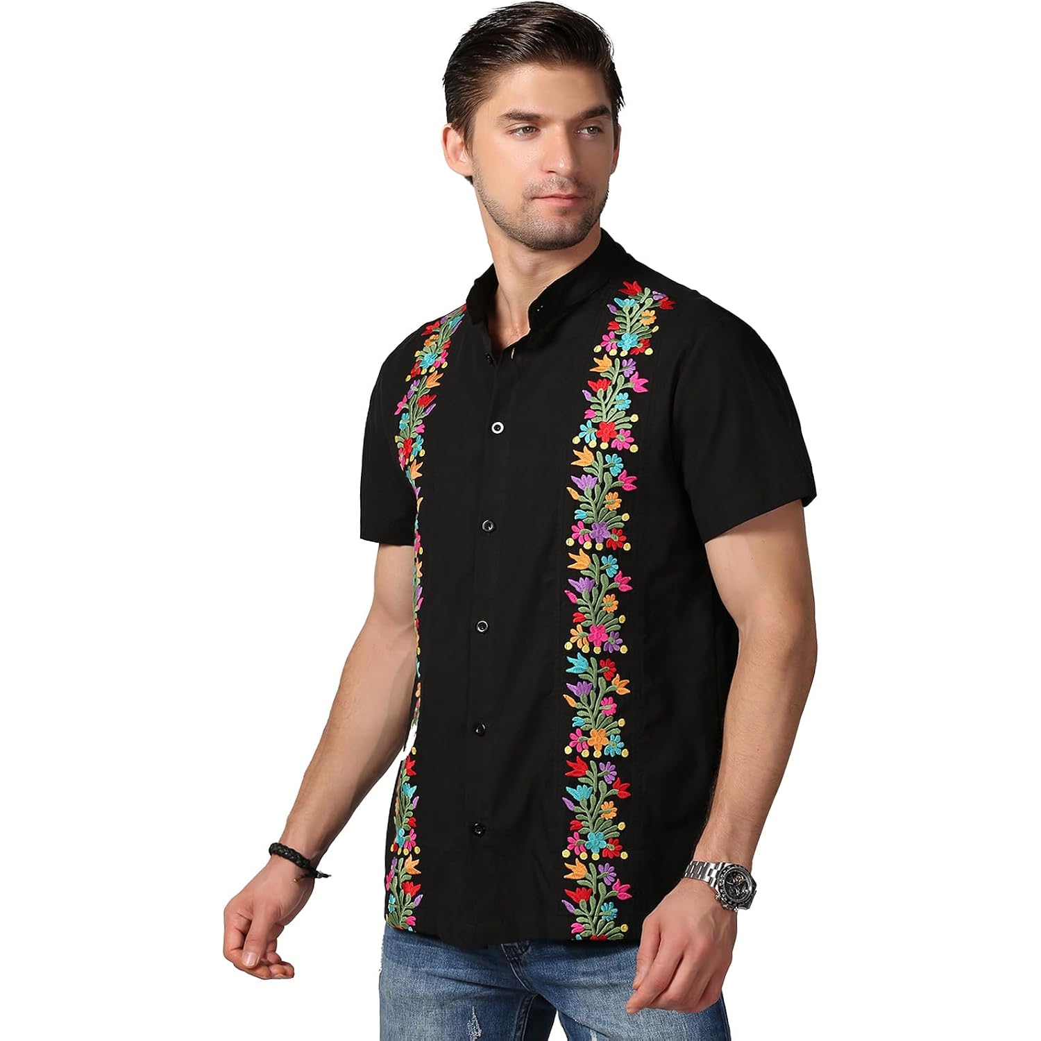 Mexican Shirts For Men Traditional Men'S Guayabera Dress Shirts Mens Button Up Band Collar Dress Shirt Fiesta