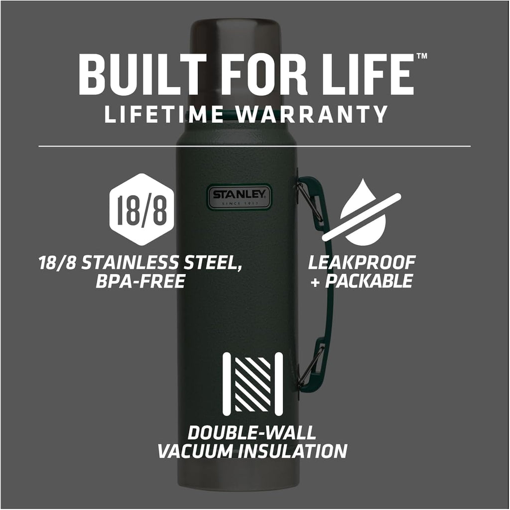 Stanley Heritage Classic Vacuum Bottle with Handle 1.1 qt | Wide Mouth w/Leakproof Cup Lid | Keep Drinks Hot or Cold | Insulated Stainless Steel Thermal Bottle | BPA-Free | Hammertone Green