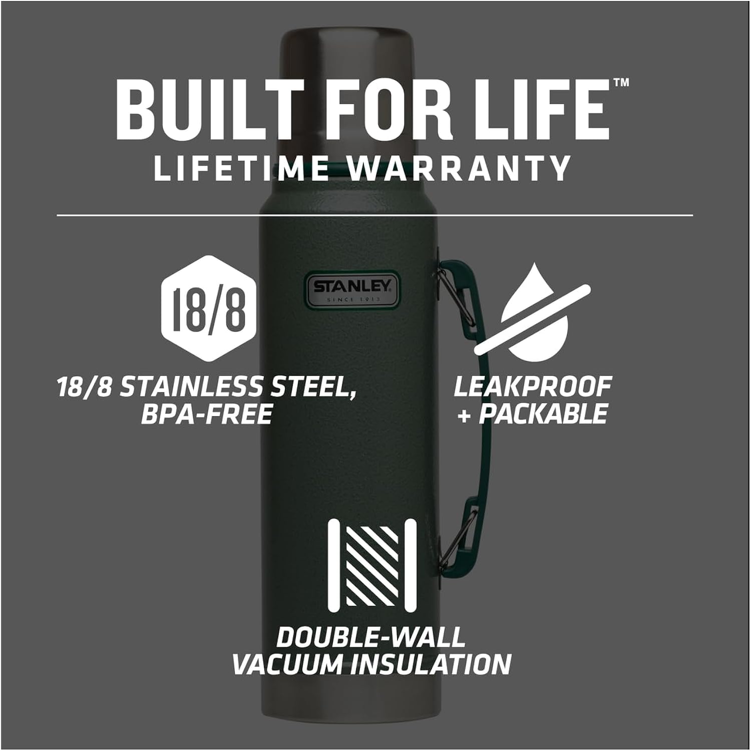Stanley Heritage Classic Vacuum Bottle with Handle 1.1 qt | Wide Mouth w/Leakproof Cup Lid | Keep Drinks Hot or Cold | Insulated Stainless Steel Thermal Bottle | BPA-Free | Hammertone Green