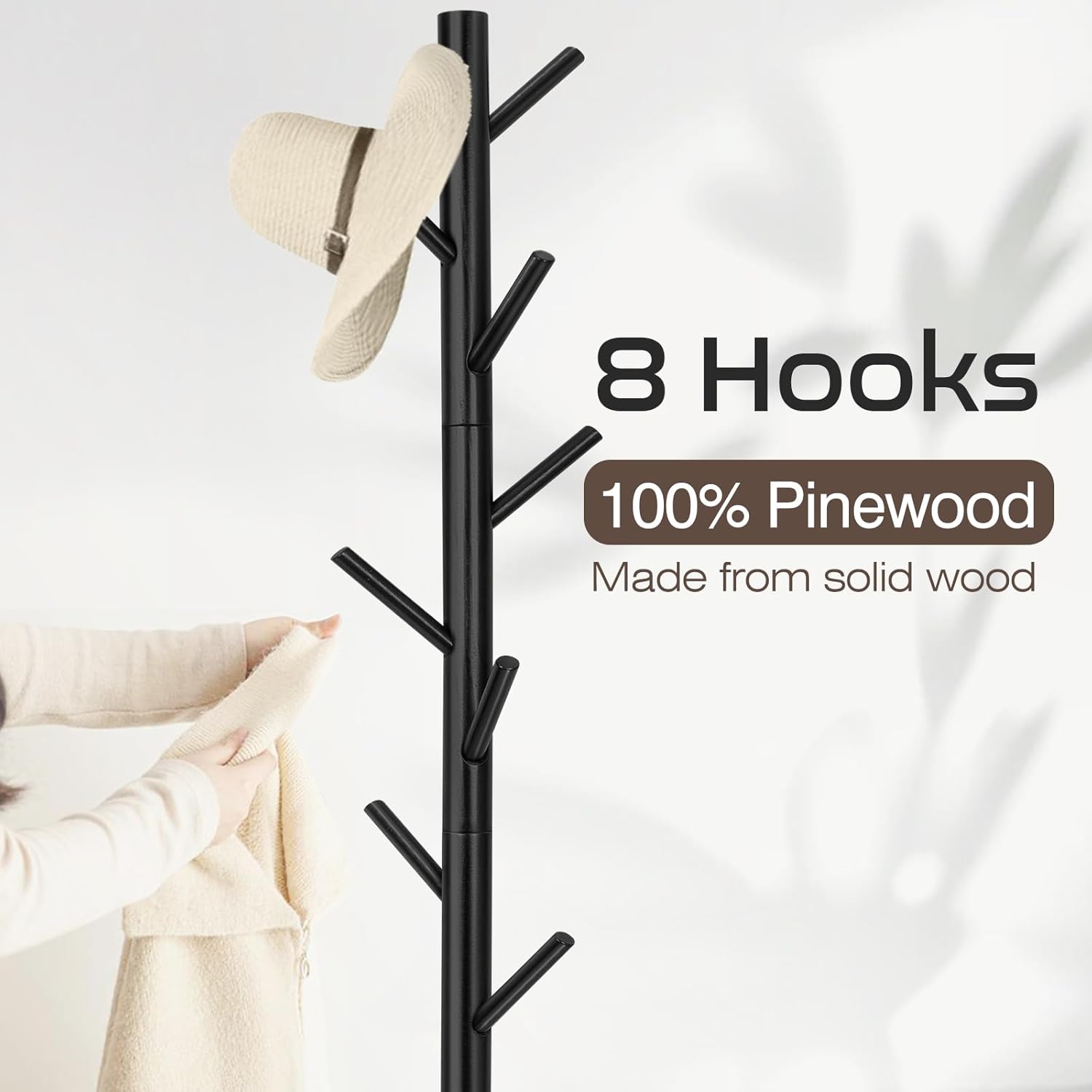 WANGMUXIA Coat Rack, Freestanding Coat Rack with 8 Hooks and 3 Adjustable Size Tree Coat Racks for Bedroom, Hallway, Entrance, Office, for Hats, Coats, Scarves, Handbags