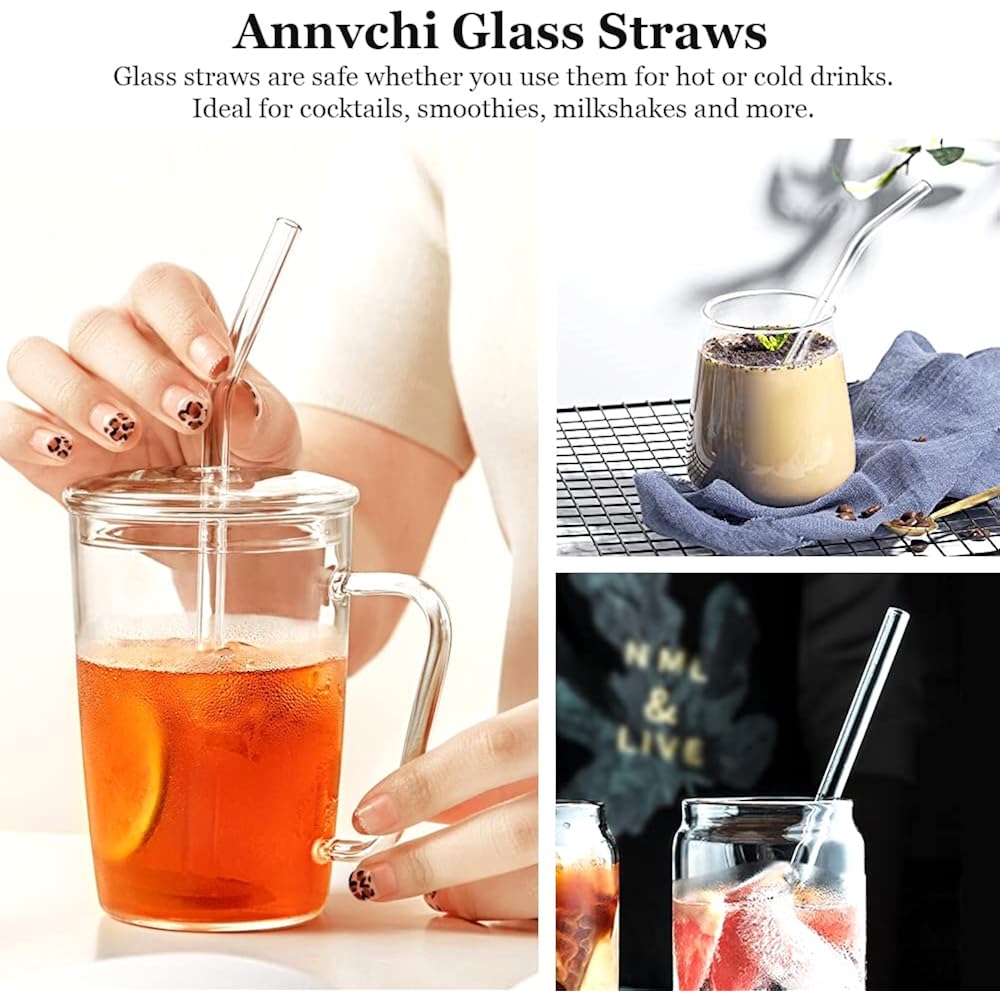 Annvchi 16 Pack Reusable Glass Straws,Set Of 6 Straight And 6 Bent With 4 Cleaning Brush,Perfect For Smoothies,Tea, Juice, Milkshakes(8.5''X10 Mm)