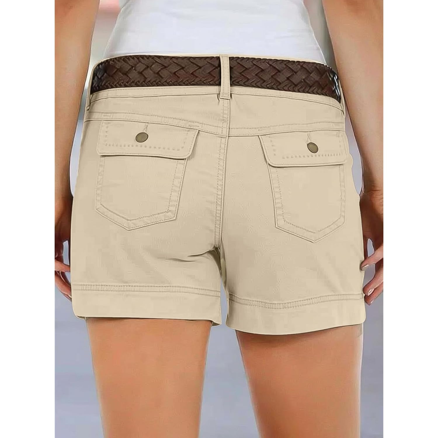 Women's Mid Waist Solid Split Side Flap Pocket Casual Shorts
