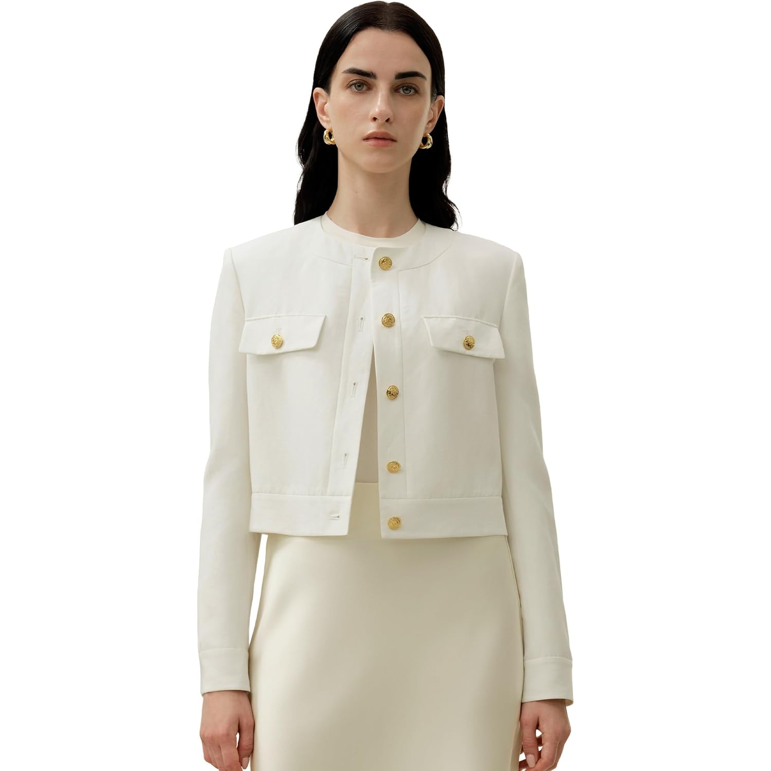 Lilysilk Silk Linen Mara Jacket For Women Long Sleeve Cropped Button Front Coat Soft Breathable Outerwear