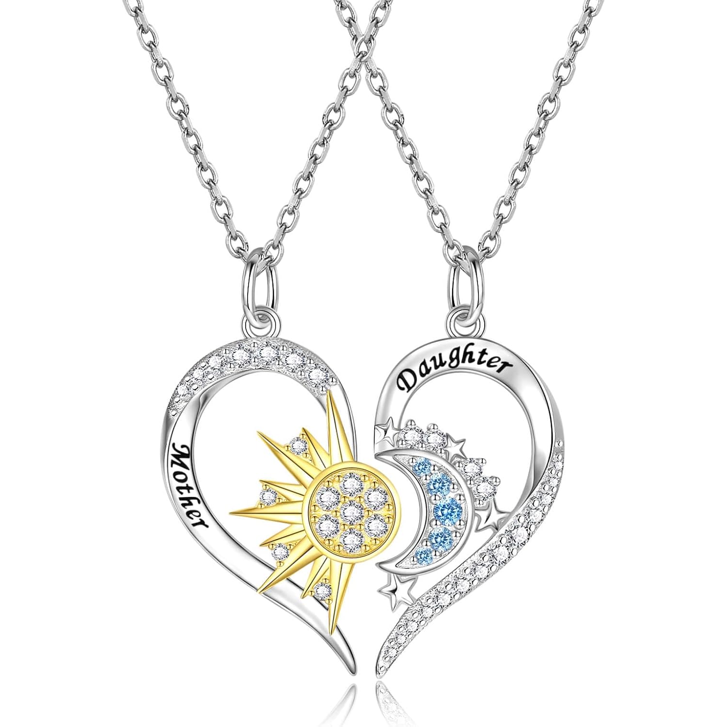 Mother Daughter Necklace Set for 2 Sterling Silver Sun and Moon Matching Pendant Necklace Jewelry Gifts Mother's Day Birthday