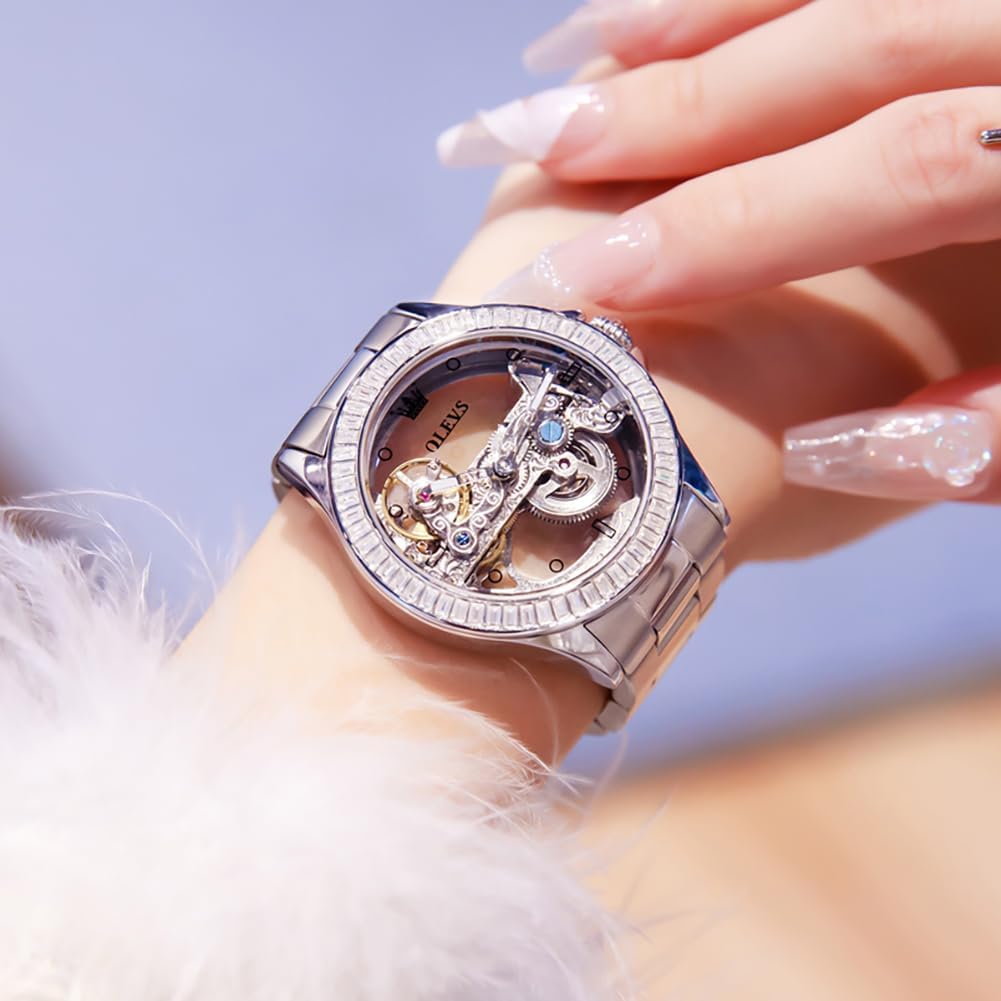 Olevs Women Watch Skeleton Set Automatic Mechanical Silver Luxury Dress Waterproof Luminous Lady Watch Gift Set