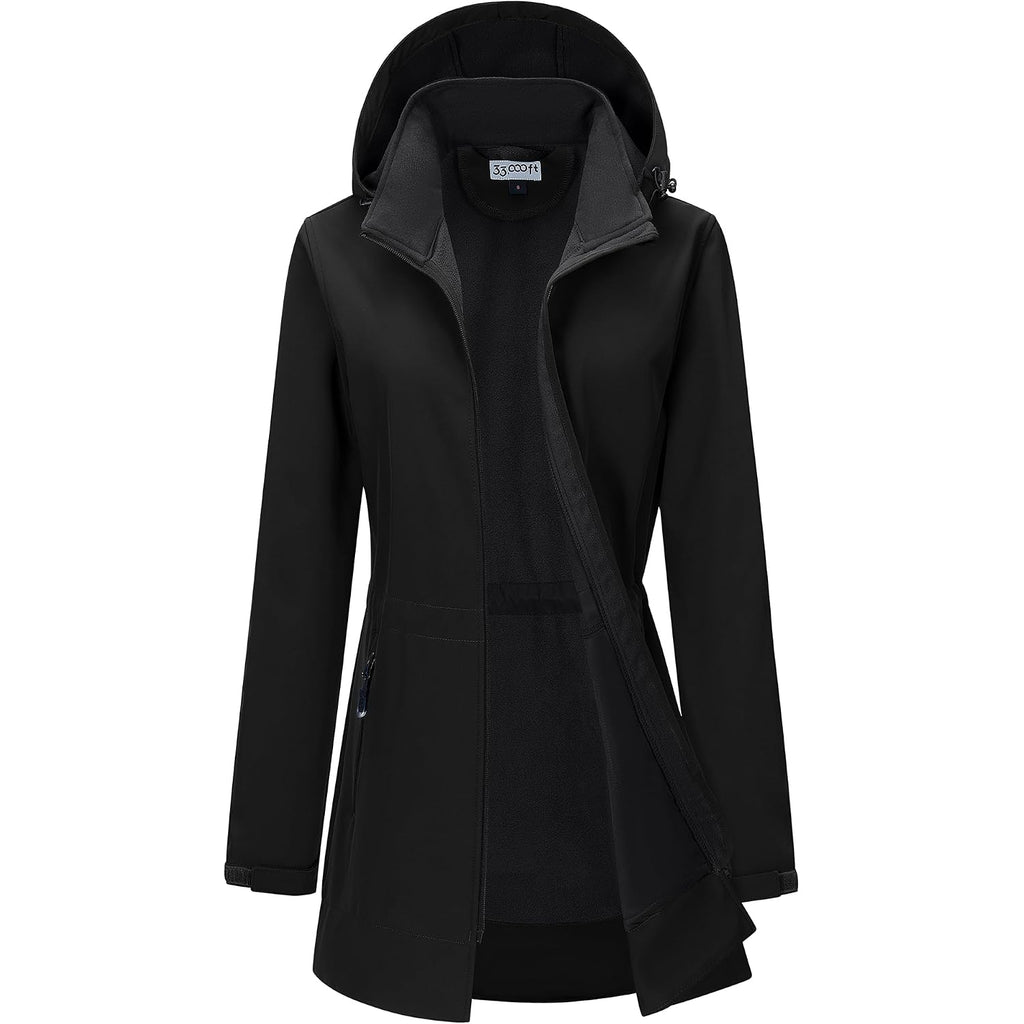 33,000Ft Women'S Waterproof Softshell Long Rain Jacket With Hood Fleece Lined Windproof Windbreaker