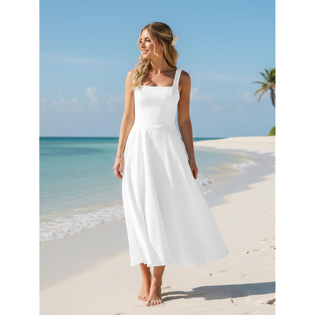 Kaximil Women'S Square Neck Sleeveless A Line Maxi Dress Smocked Ruffle Flowy Casual Long Dresses