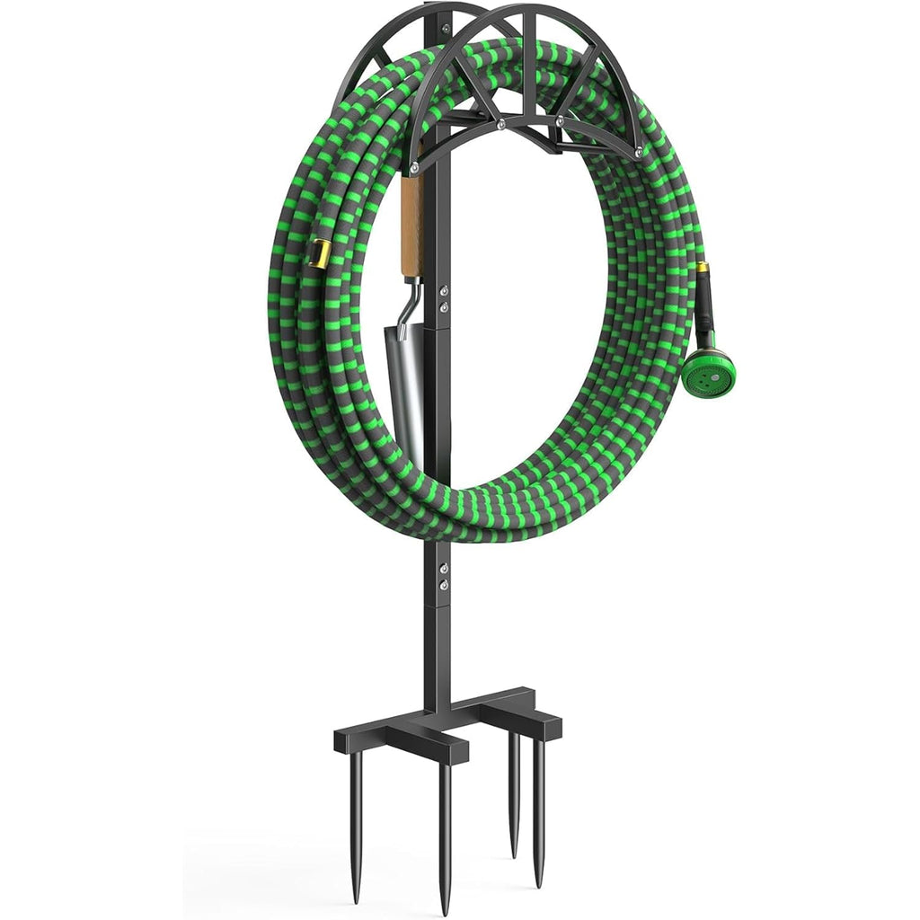 Mr Ironstone Garden Hose Holder Freestanding With 4 Spikes, Upgraded Water Hose Holder With Stainless Steel Screws, Heavy Duty Hose Stand Holds (Black)