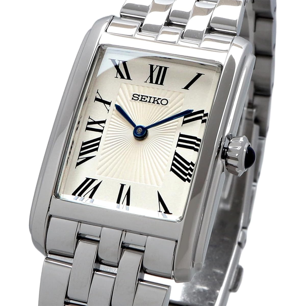 Seiko Swr083 Rectangular Watch - Essentials Collection - Roman Numeral Dial, Blue Hands, Stainless Steel Bracelet, And 50M Water Resistance