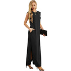 Grecerelle 2026 Women Year-Round Casual Round Neck Loose Split Wrinkle-Free Long Maxi Vacation Dress With Pockets (Xxs-4Xl)