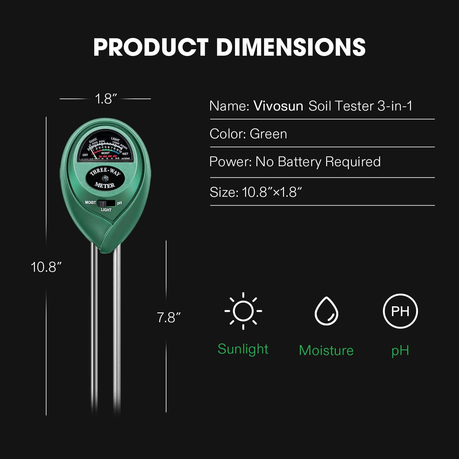Vivosun Soil Tester, 3-In-1 Plant Moisture Meter Light And Ph Tester For Home, Garden, Lawn, Farm, Indoor And Outdoor Use, Promote Plants Healthy Growth
