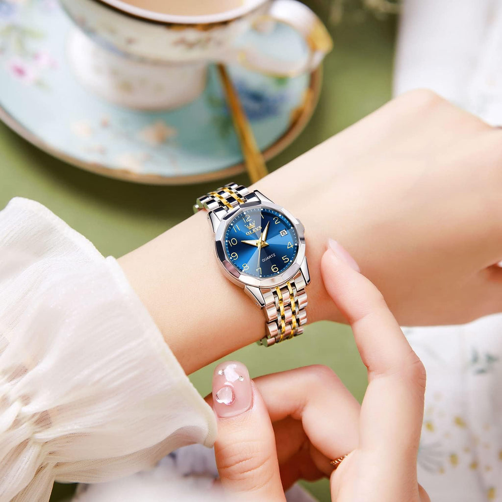 Olevs Womens Watch Fashion Dress Diamond Female Watches For Ladies Analog Quartz Stainless Steel Waterproof Luminous Day Date Two Tone Wristwatch