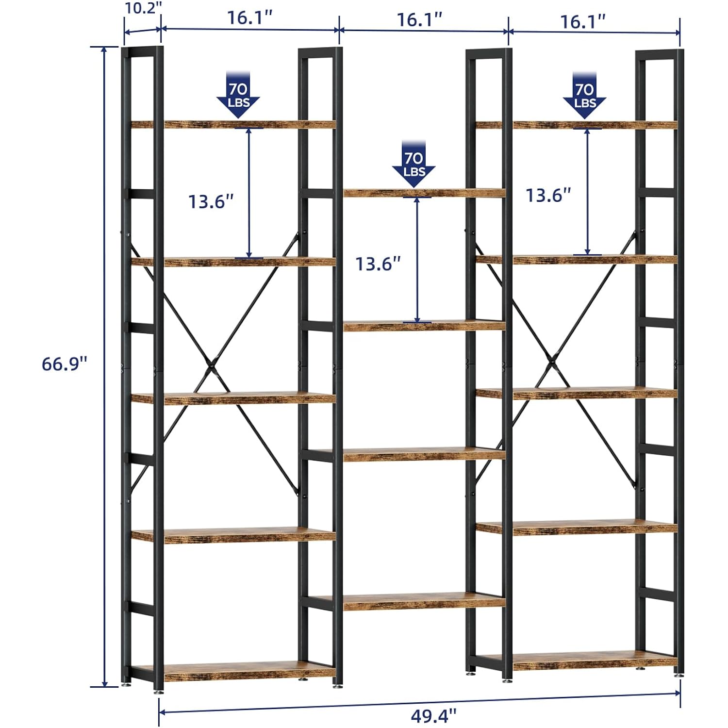 Numenn Triple Column 5 Tier Bookshelf, Bookcase With 14 Open Display Shelves, Adjustable Rustic Industrial Style Book Shelves, Modern Bookshelves For Bedroom, Living Room And Home Office, Vintage