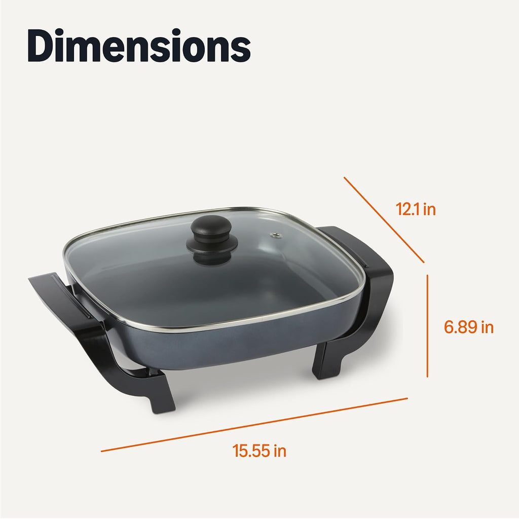 Amazon Basics Electric Skillet And Frying Pan With Glass Lid, Nonstick Ceramic Coating, Adjustable Temperature Control, 15.6 X 12.1 X 6.9 Inch, Black