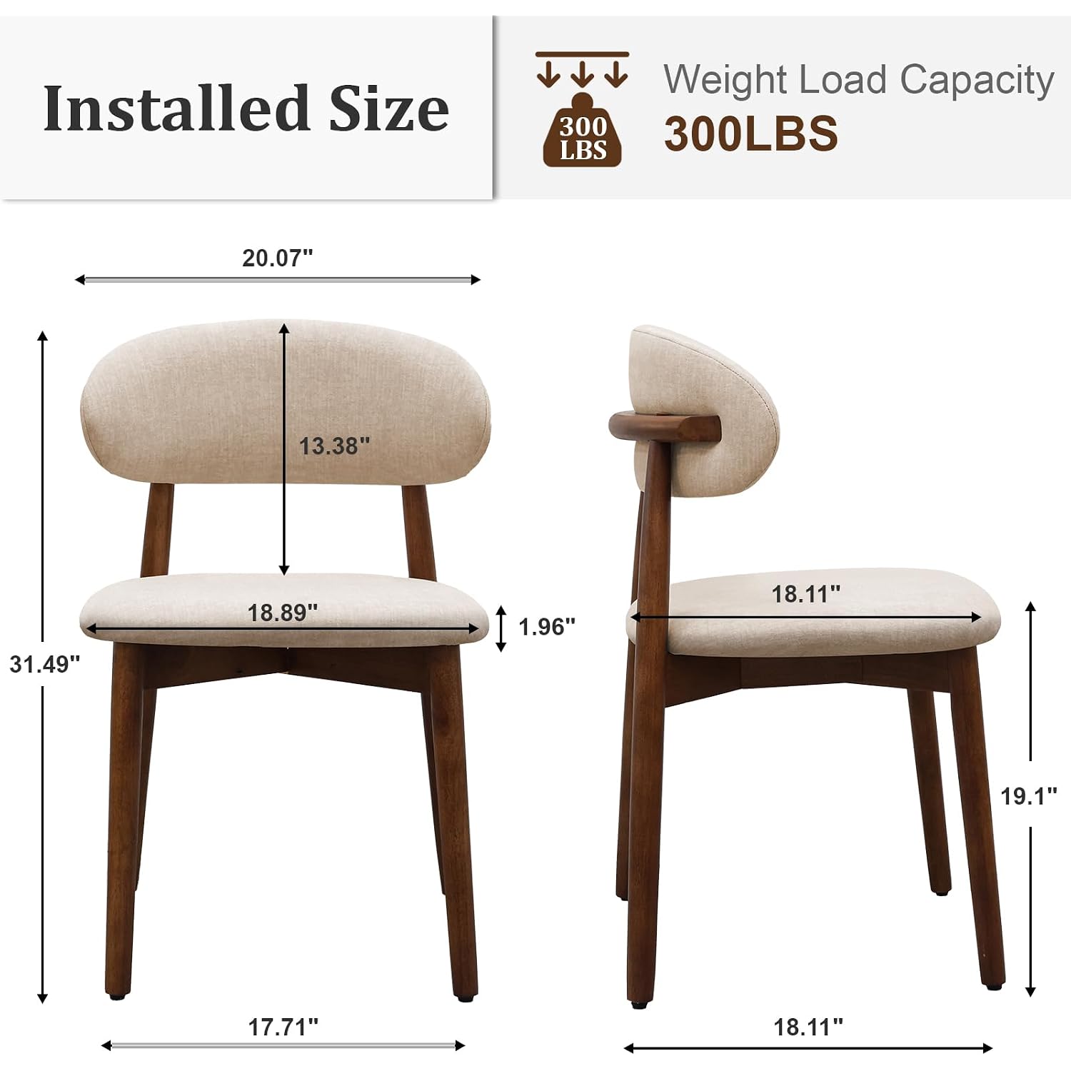 Farmhouse Dining Chairs Set Of 4, Mid Century Modern Fabric Upholstered Kitchen Chairs, Wooden Dining Room Chair With Curved Back For Kitchen Dining Room Restaurant Cafe, Light Camel (Only Chairs)