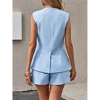 Tankaneo Womens 2 Piece Outfits Casual Suit Sets Sleeveless Button Down Blazer Vest Shorts Office Business Matching Set