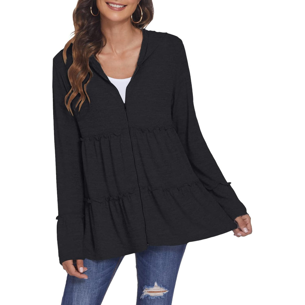 Full Zip Up Hoodie for Women Pleated Tiered Ruffle Hooded Sweatshirts Jacket Coat Long Sleeve