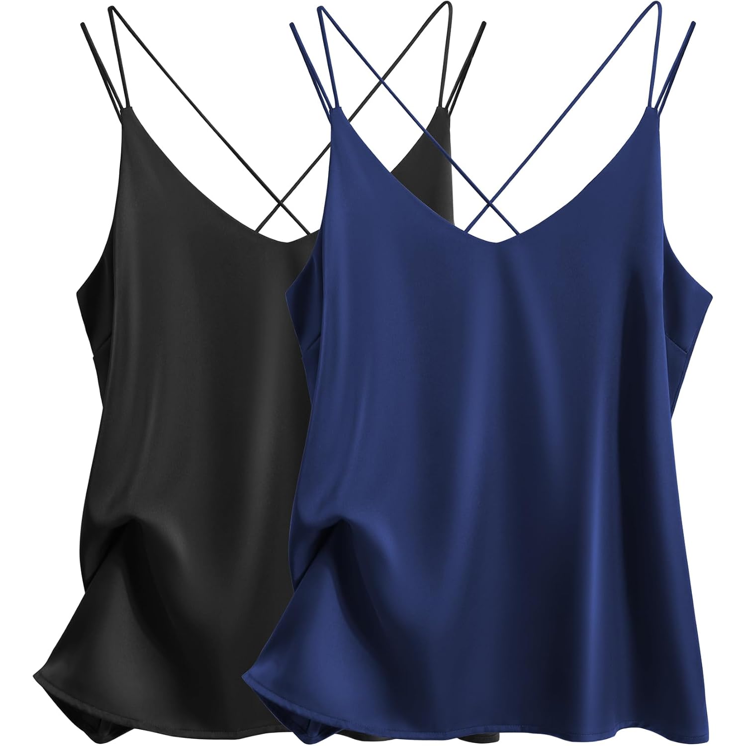 Ekouaer Womens 2-Pack Silk Satin Camisole Tank Top V Neck Sexy Cross Back Spaghetti Strap Cami Sleeveless Lounge Tops S-Xxl