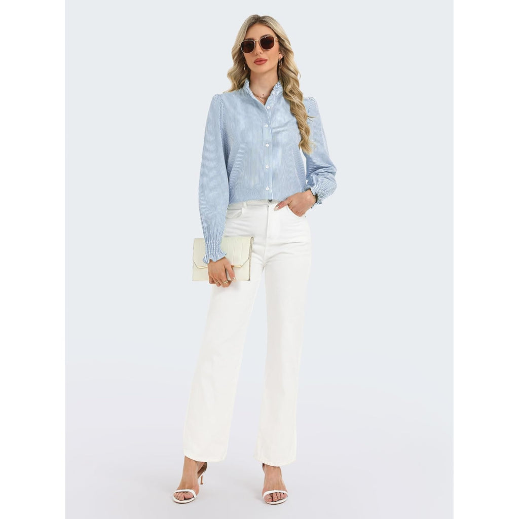 Women's Striped Button Down Shirts Long Sleeve Smocked Cuffed Ruffle Collar Blouses Spring Work Business Casual Tops