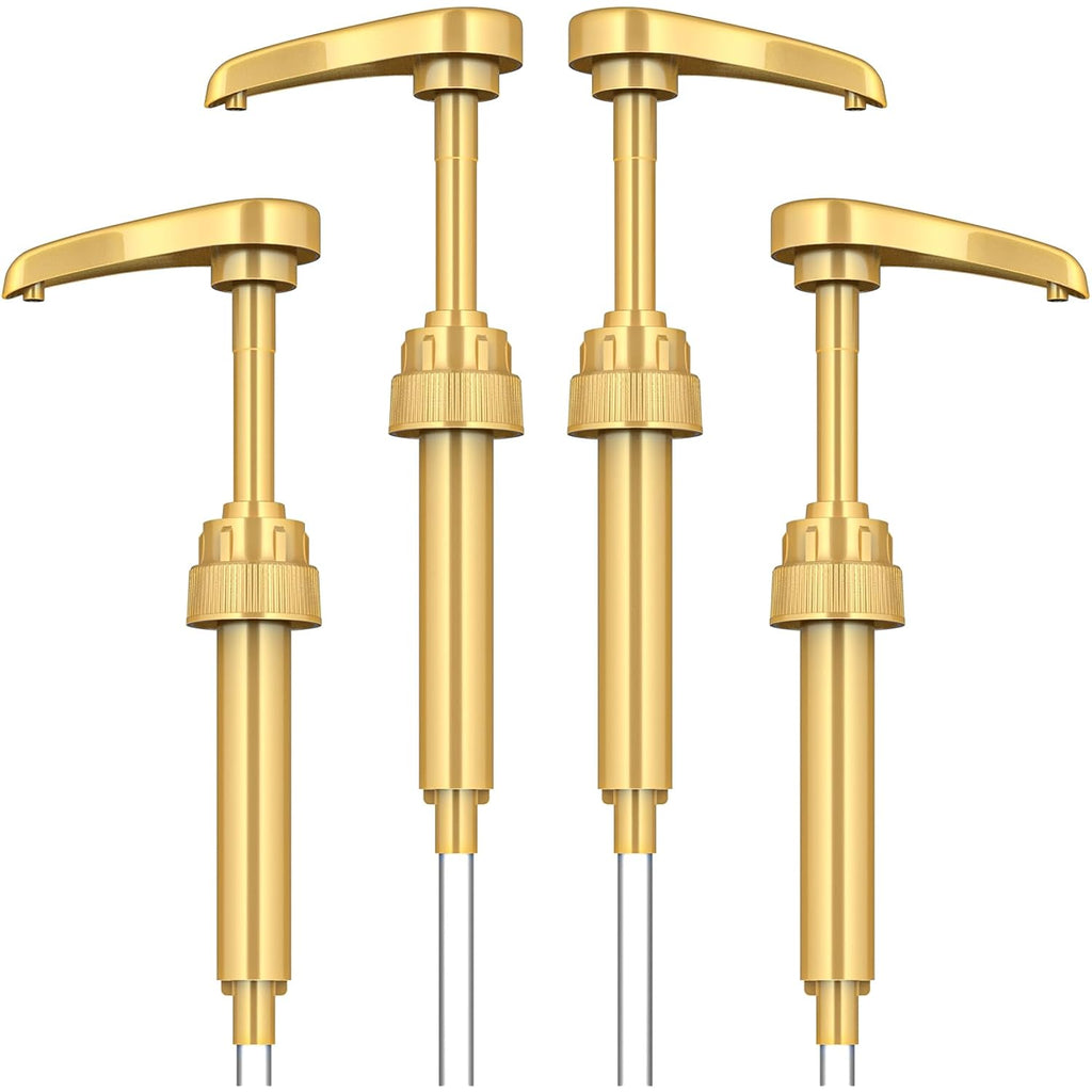 Coffee Syrup Pump Dispenser, 4 Packs of Syrup Pump for 750ml/25.4 oz Syrup Bottle, Gold Pumps for Coffee Syrup Bottle, works with Torani, DaVinci, Jordans Skinny 750ml Syrups Bottles (Gold)