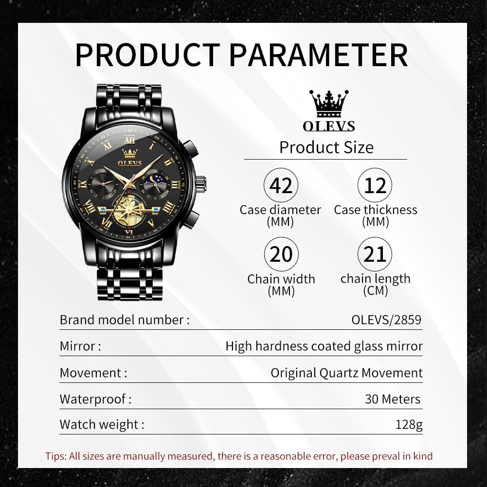 Olevs Watches Men Waterproof Luxury Big Face Mens Watch Stainless Steel Quartz Analog Dress Watches For Men Luminous Multifunction Man Watch Relojes De Hombre