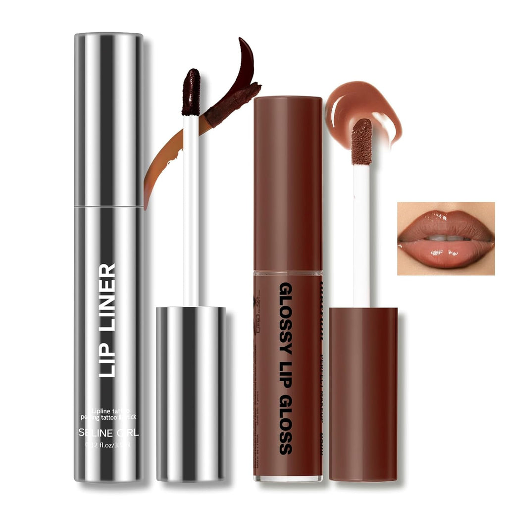 HOSAILY Peel Off Lip Liner Stain Tattoo, Long Lasting Waterproof Lip Stain Peel off, Tattoo Nude Lip Liner and Lip Gloss Combo, Non-Stick Cup Nourishing Lip Gloss Set Lipstick Makeup