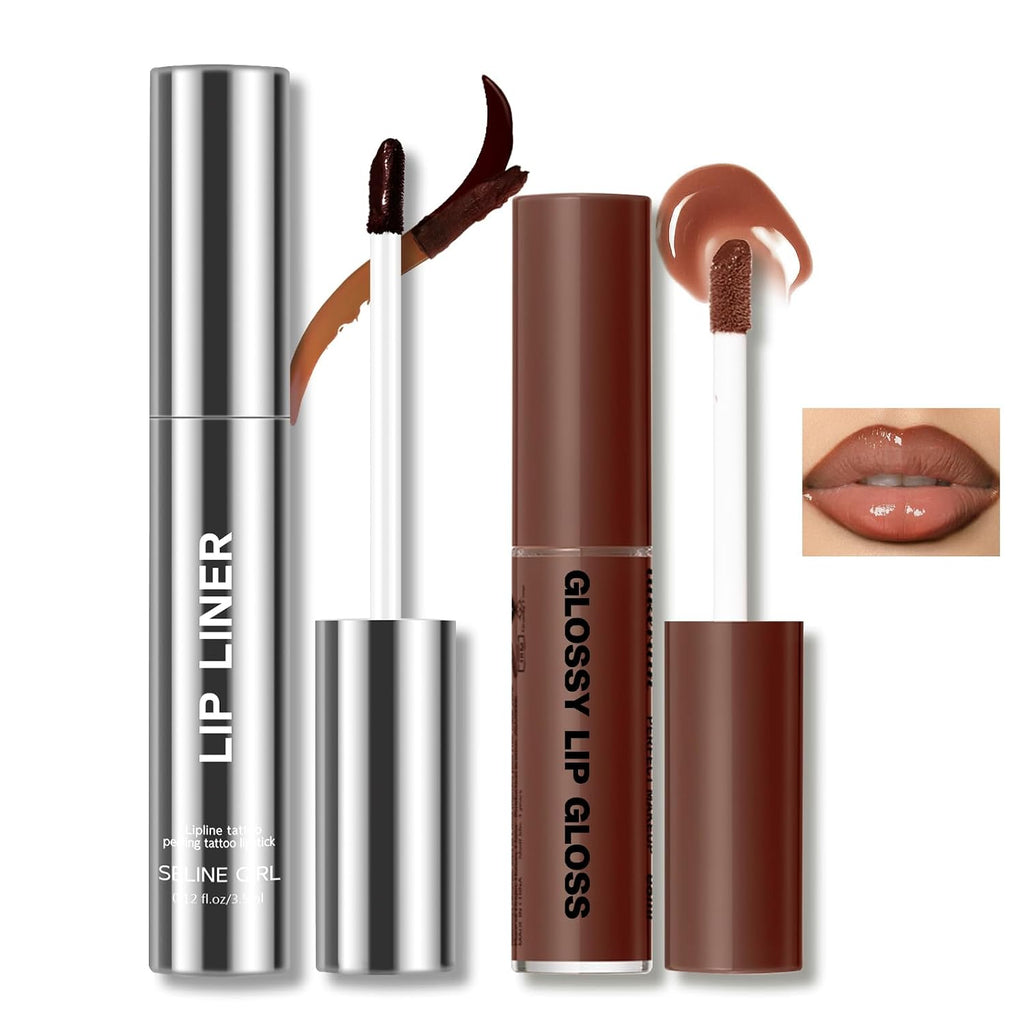 Hosaily Peel Off Lip Liner Stain Tattoo, Long Lasting Waterproof Lip Stain Peel Off, Tattoo Nude Lip Liner And Lip Gloss Combo, Non-Stick Cup Nourishing Lip Gloss Set Lipstick Makeup